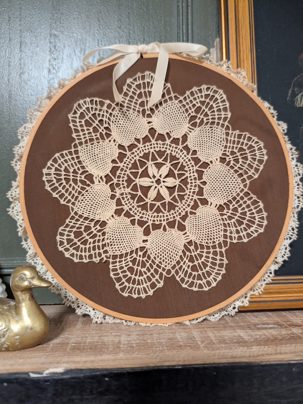 Handmade Cream Crochet Doily Wall Art on Maroon Backing